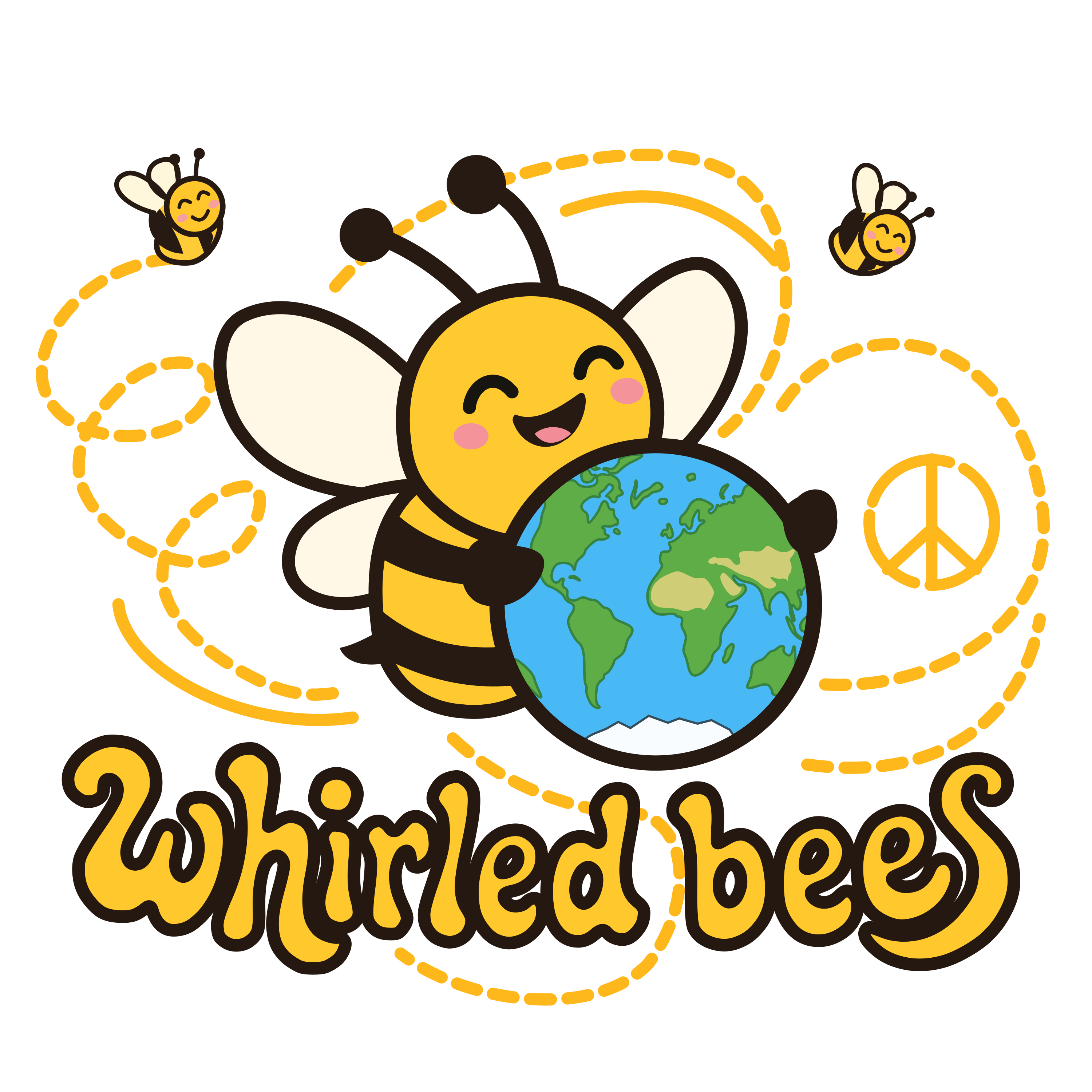 The Whirled Bees logo: a laughing bee carrying the Earth, two small bees whirling around it, a peace sign in the flight trail
